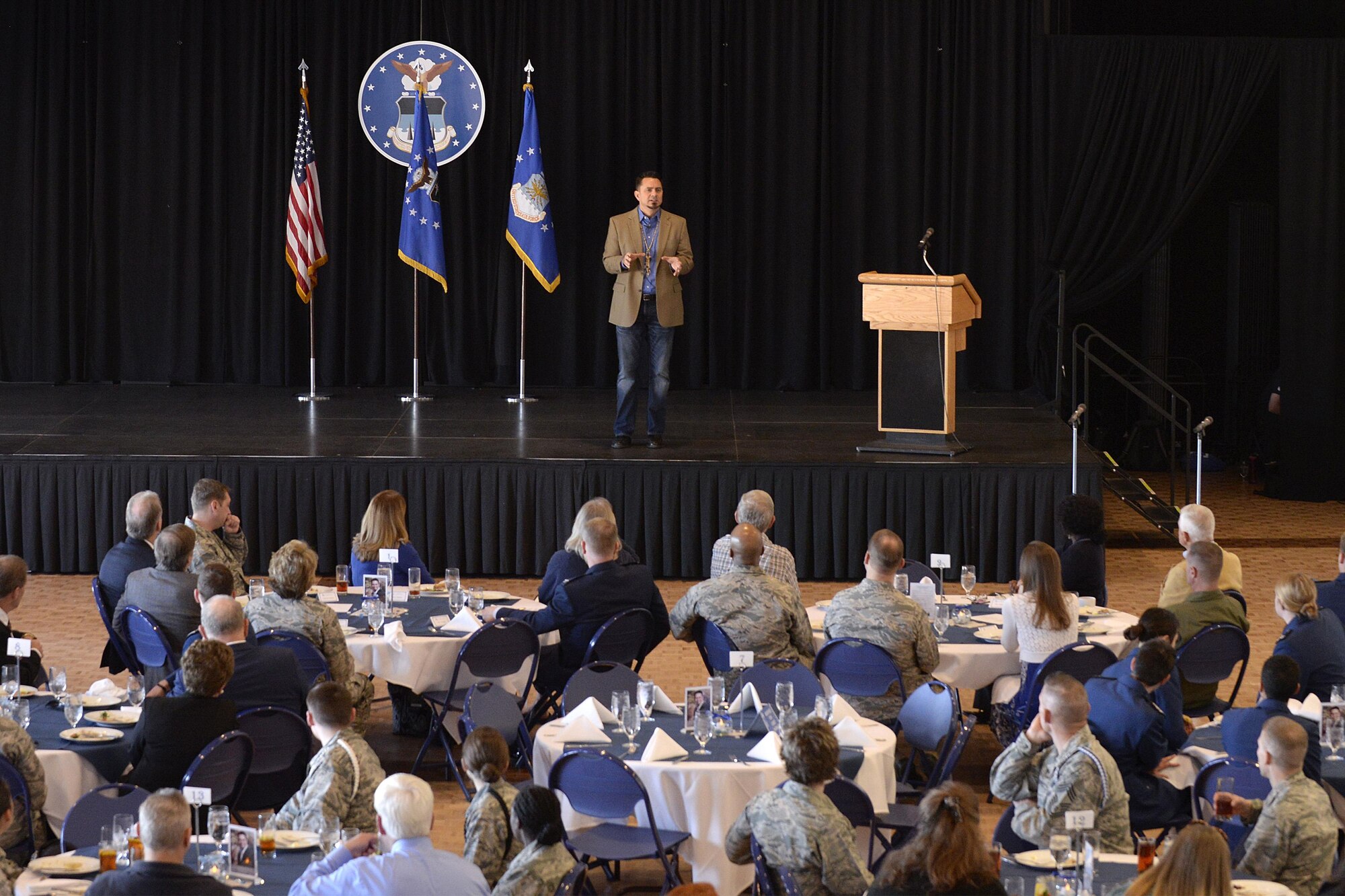 D.J. "Eagle Bear" Vanas, a motivational speaker and member of the Odawa Nation, speaks to cadets and staff Feb. 16, 2017 at the Prayer Lunch hosted by the U.S. Air Force Academy. Vanas, a 1993 graduate of the Academy, spoke about the importance of accepting the spiritual practices of others and how a spiritual belief system can lead to holistic growth. (U.S. Air Force photo/Mike Kaplan)