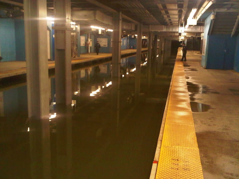 Flooded New York City subway system in the aftermath of Hurricane Sandy. 