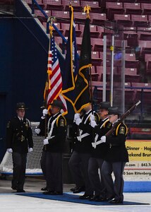 The Charleston County Sherriff’s office Honor Guard posts the colors beginning the 3rd Annual Matuskovic Charity Hockey Game at the North Charleston Coliseum & Performing Arts Center, Feb. 18, 2017. The game is played in memory of Joe Matuskovic, Charleston County Sherriff’s deputy, and other service members and first responders killed in the line of duty. 