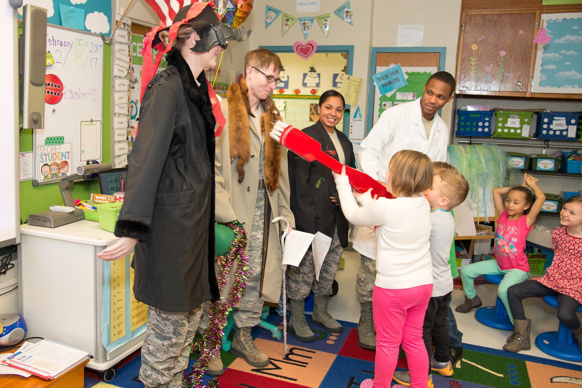 Kindergarten students participate in a short play about dental hygiene Feb. 15, 2017, at Welch Elementary School on Dover Air Force Base, Del. The students brushed away the “cavity creeps” played by Team Dover Airmen from the 436th Aerospace Medicine Squadron. (U.S. Air Force photo by Mauricio Campino)