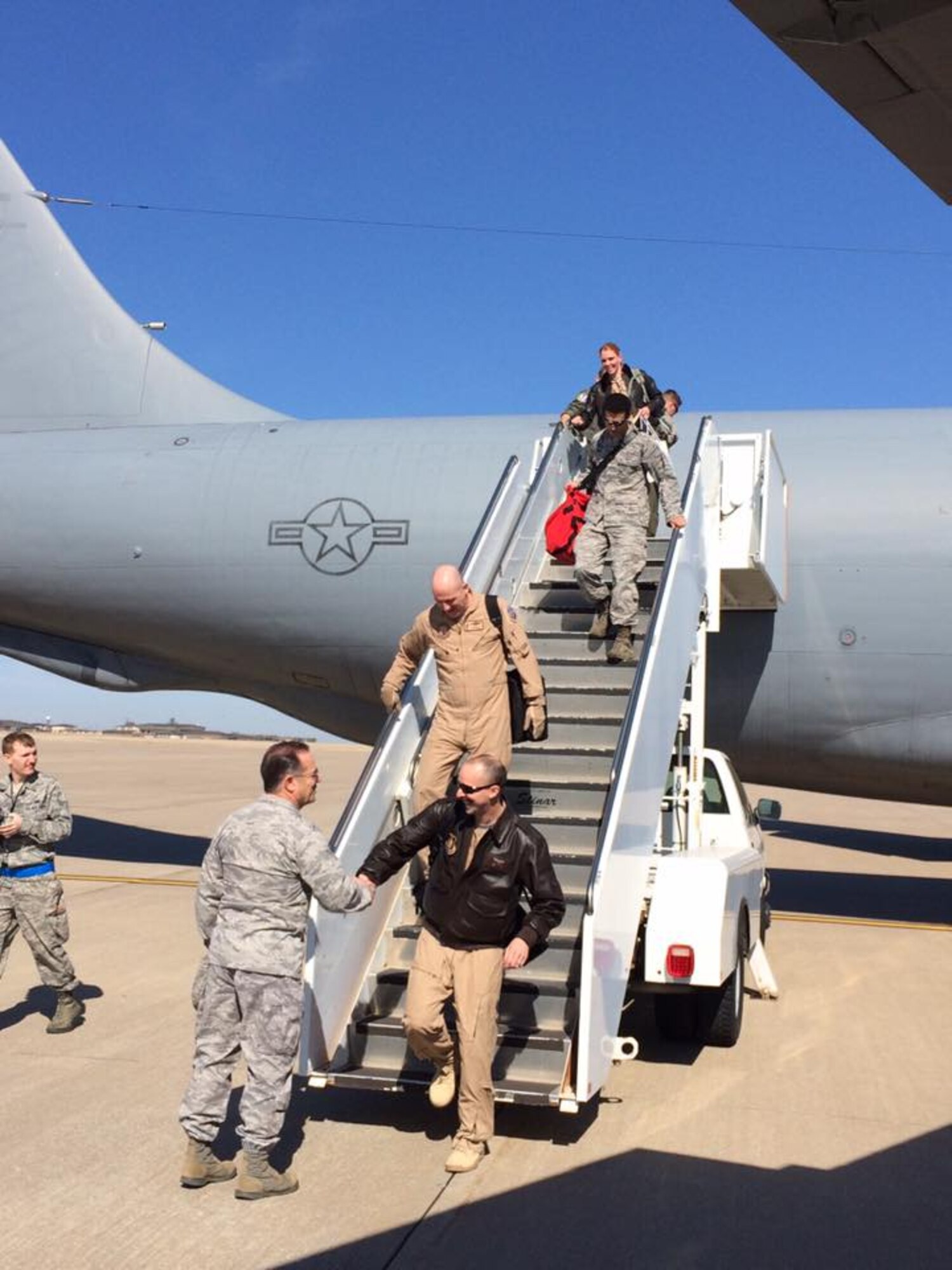 Members of the 931st Air Refueling Wing are greeted by their leadership after returning from a 60-day deployment, Feb. 19, 2017, McConnell Air Force Base, Kan. The Airmen deployed as part of ongoing U.S. operations overseas. (U.S. Air Force photo by Lt. Col. Clint Burpo)
