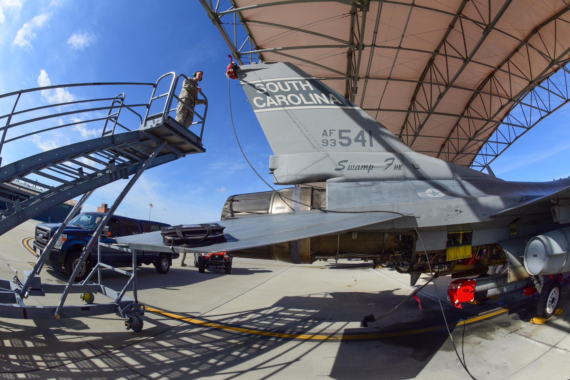 U.S. Air Force Tech. Sgt. Jessie Pickrell, a Combat Shield inspector from the 16th Electronic Warfare Squadron at Eglin Air Force Base, Fla., evaluate the avionics systems on an F-16 Fighting Falcon with the South Carolina Air National Guard at McEntire Joint National Guard Base, S.C., Jan. 18, 2017. The South Carolina Air National Guard’s 169th Aircraft Maintenance Squadron’s F-16 Avionics shop received its annual Combat Shield evaluation. Combat Shield evaluates the reliability of the jet’s radar threat warning system, electronic countermeasure, and high-speed anti-radiation missile targeting system pods. Each component is crucial to the success of the F-16 fighter pilot in combat situations.  (U.S. Air National Guard photo by Airman 1st Class Megan Floyd)