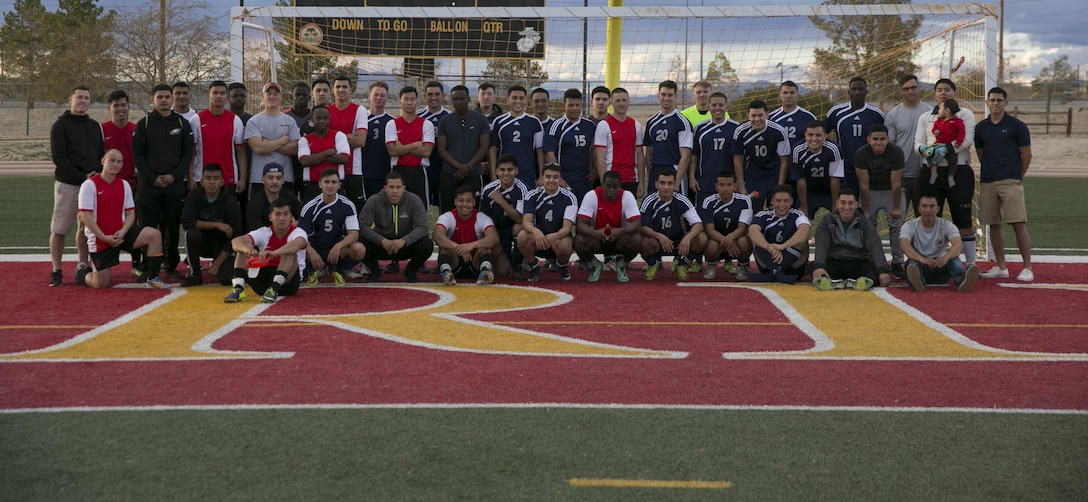 Marines with 29 Palms Futbol Club and Pendleton FC participate in a pre-season game at Felix Field aboard Marine Corps Air Ground Combat Center, Twentynine Palms, Calif., Feb. 11, 2017. 29 Palms FC is preparing for a tournament at Fort Irwin National Training Center in April. (U.S. Marine Corps photo by Lance Cpl. Dave Flores)