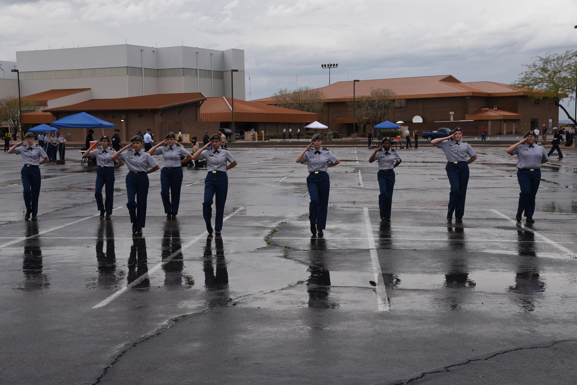 Members of the Flowing Wells High School Junior Reserve Officer Training Corps, from Tucson, Ariz., compete in the unarmed exhibition routine during the 18th Annual West-Mitchell drill meet at Goldwater Air National Guard Base, Feb. 18. More than 400 JROTC cadets, representing 20 high schools, competed in the drill meet hosted by the Arizona National Guard’s 161st Air Refueling Wing. The JROTC units competed in eight different drill categories, including inspection, armed and unarmed regulation, color guard, and armed and unarmed exhibition drills. (U.S. Air National Guard photo by Tech. Sgt. Michael Matkin)
