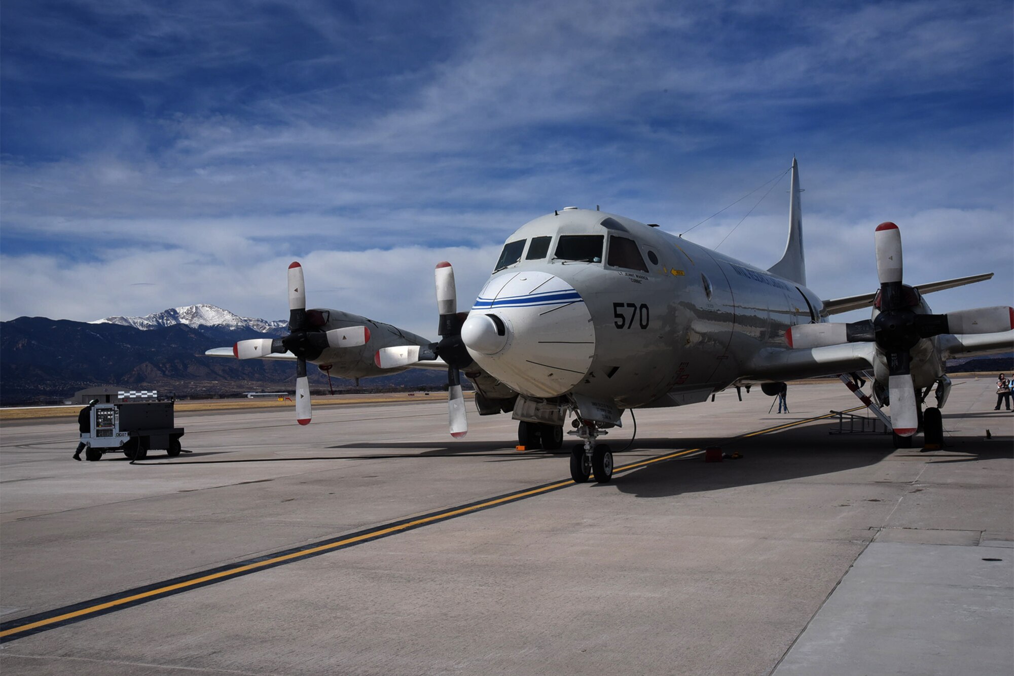 PETERSON AIR FORCE BASE, Colo.—The P-3 Orion aircraft sits on the Peterson Air Force Base, Colorado, flight line, Feb. 17, as crew members run tests on the plane and its various sensors being used for its SnowEx mission. SnowEx is a NASA led mission to discover the correct instrumentation combination for measuring water content in snow. (U.S. Air Force photo by Robb Lingley)