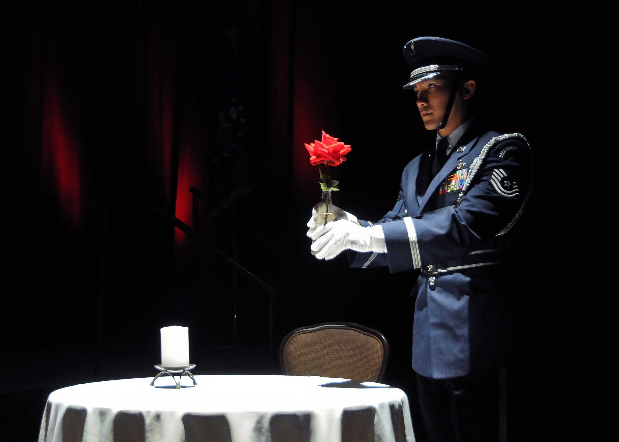 The Luke Air Force Base Honor Guard performs the POW/MIA ceremony Feb. 11 during the 2016 944th Fighter Wing Annual Awards Banquet at the Wigwam Resort in LITCHFIELD, Ariz. (U.S. Air Force photo by Staff Sgt. Nestor Cruz)