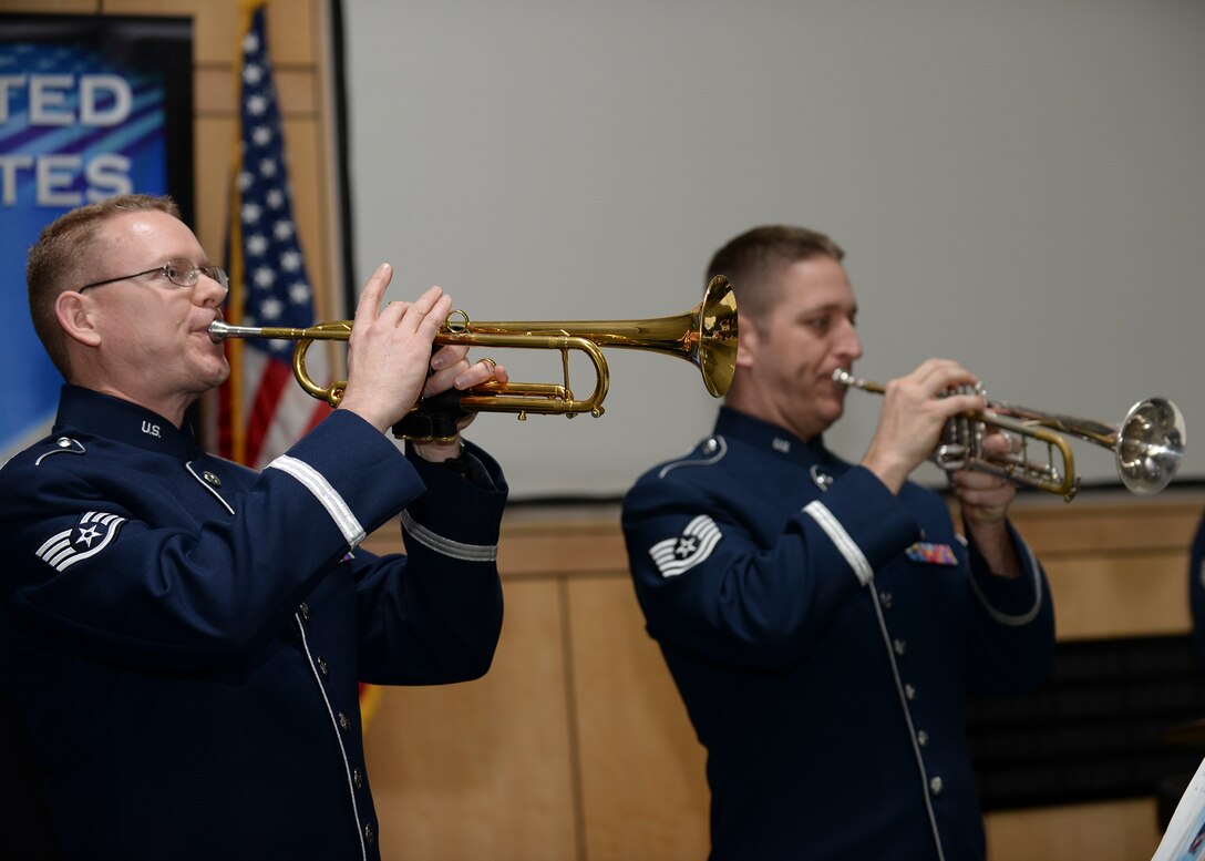 Staff Sgt. Daniel Thrower, a musician assigned to Offutt Brass, the brass ensemble of the U.S. Air Force Heartland of America Band, plays his trumpet during a performance at Mount Rushmore, S.D., Feb. 20, 2017. To celebrate President’s Day, members of Offutt Brass played music celebrating America and patriotism. (U.S. Air Force photo by Senior Airman Anania Tekurio)