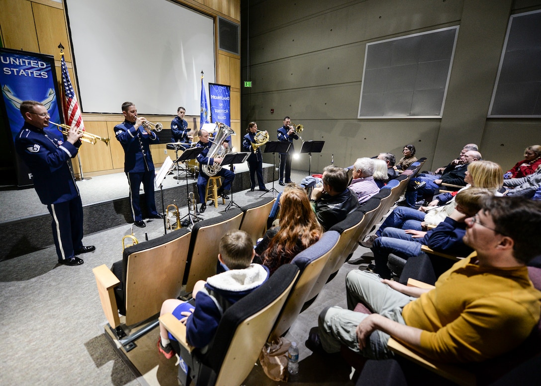 Offutt Brass, the brass ensemble of the U.S. Air Force Heartland of America Band, performs patriotic songs celebrating President’s Day at Mount Rushmore, S.D., Feb. 20, 2017. Comprised of two trumpets, French horn, trombone, tuba and percussion, the ensemble will be touring parts of western South Dakota playing a variety of music showcasing their excellence and precision in every performance. (U.S. Air Force photo by Senior Airman Anania Tekurio)