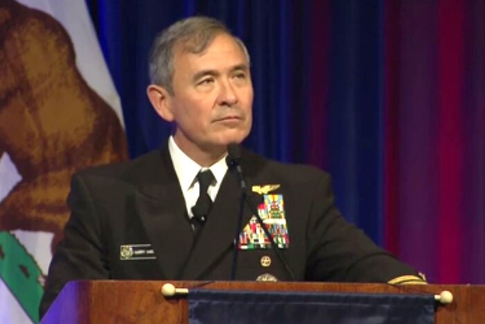 Navy Adm. Harry Harris Jr., commander of U.S. Pacific Command, speaks at the WEST 2017 naval conference and exposition in San Diego, Feb. 21, 2017. Screen shot via Defense.gov