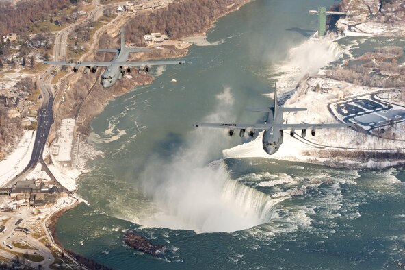 U.S. Air Force C-130 Hercules aircraft with the 914th Airlift Wing, Niagara Falls Air Reserve Station, N.Y., fly in formation over Niagara Falls, Feb 4, 2017. The 914th Airlift Wing is commemorating the departure of their C-130 Hercules aircraft as they transition in to becoming a Boeing KC-135 Stratotanker air refueling wing. (U.S. Air Force photo by Master Sgt. John R. Nimmo, Sr./Released)