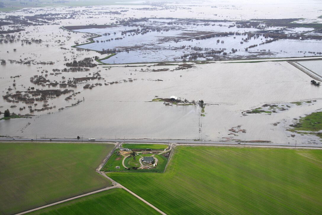 Aerial shot of flood damage over Merced County, Merced, Calif., Feb. 19, 2017, taken by Army National Guard Sgt. 1st Class Marty Ortiz from inside a UH-72 Lakota helicopter. Ortiz is assigned to the California Army National Guard’s 1st Battalion, 140th Air Assault Regiment. Air National Guard photo by Senior Airman Daniel Crosier