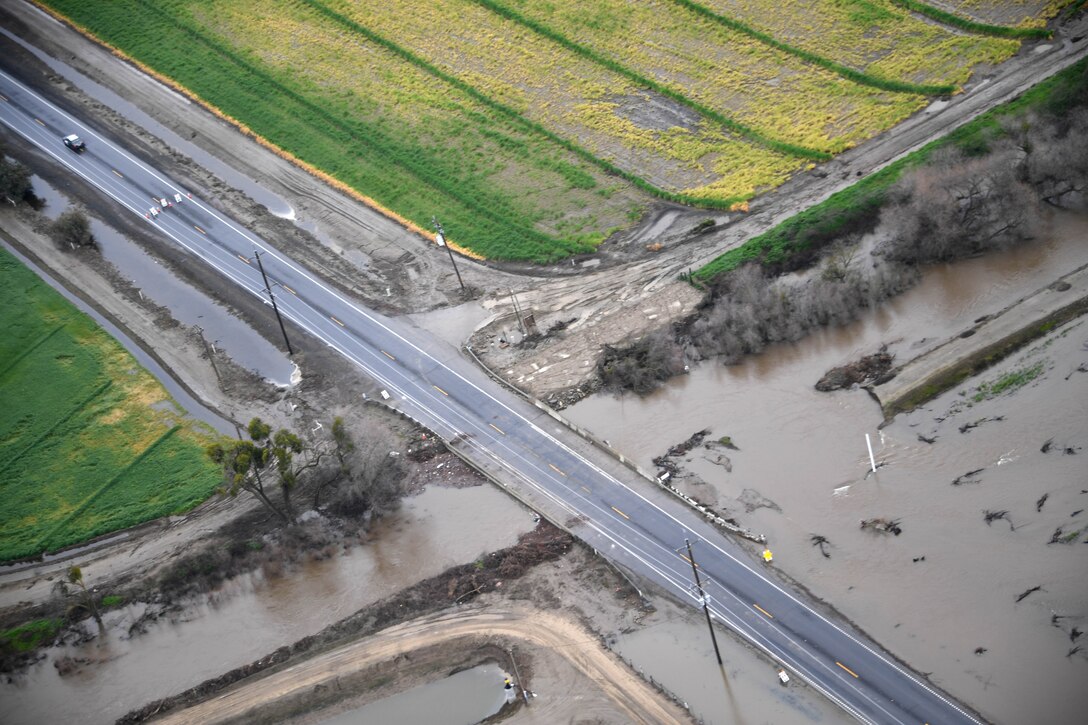 Aerial shot of flood-damaged roads in Merced County, Merced, Calif., Feb. 19, 2017, taken by Army National Guard Sgt. 1st Class Marty Ortiz from inside a UH-72 Lakota helicopter. Ortiz is assigned to the California Army National Guard’s 1st Battalion, 140th Air Assault Regiment. Air National Guard photo by Senior Airman Daniel Crosier.