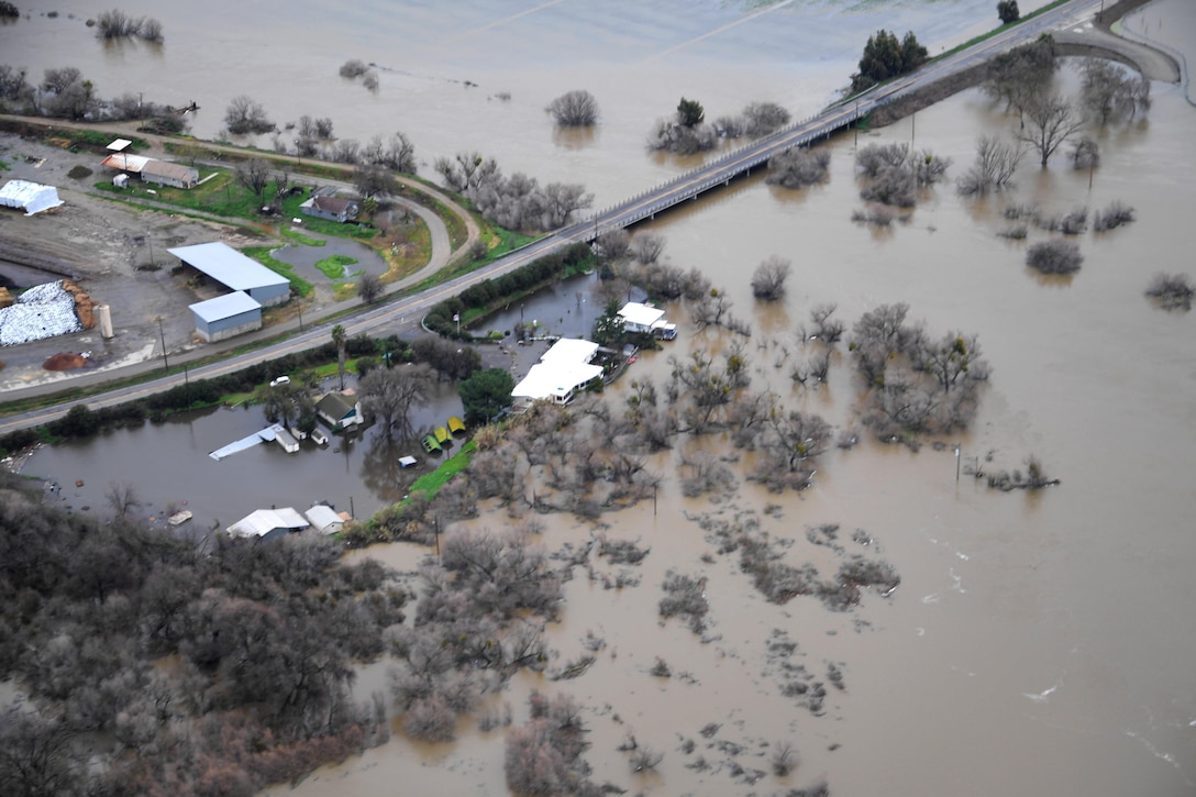 Aerial shot of flood damage in Merced County, Merced, Calif., Feb. 19, 2017, taken by Army National Guard Sgt. 1st Class Marty Ortiz from inside a UH-72 Lakota helicopter. Ortiz is assigned to the California Army National Guard’s 1st Battalion, 140th Air Assault Regiment. Air National Guard photo by Senior Airman Daniel Crosier