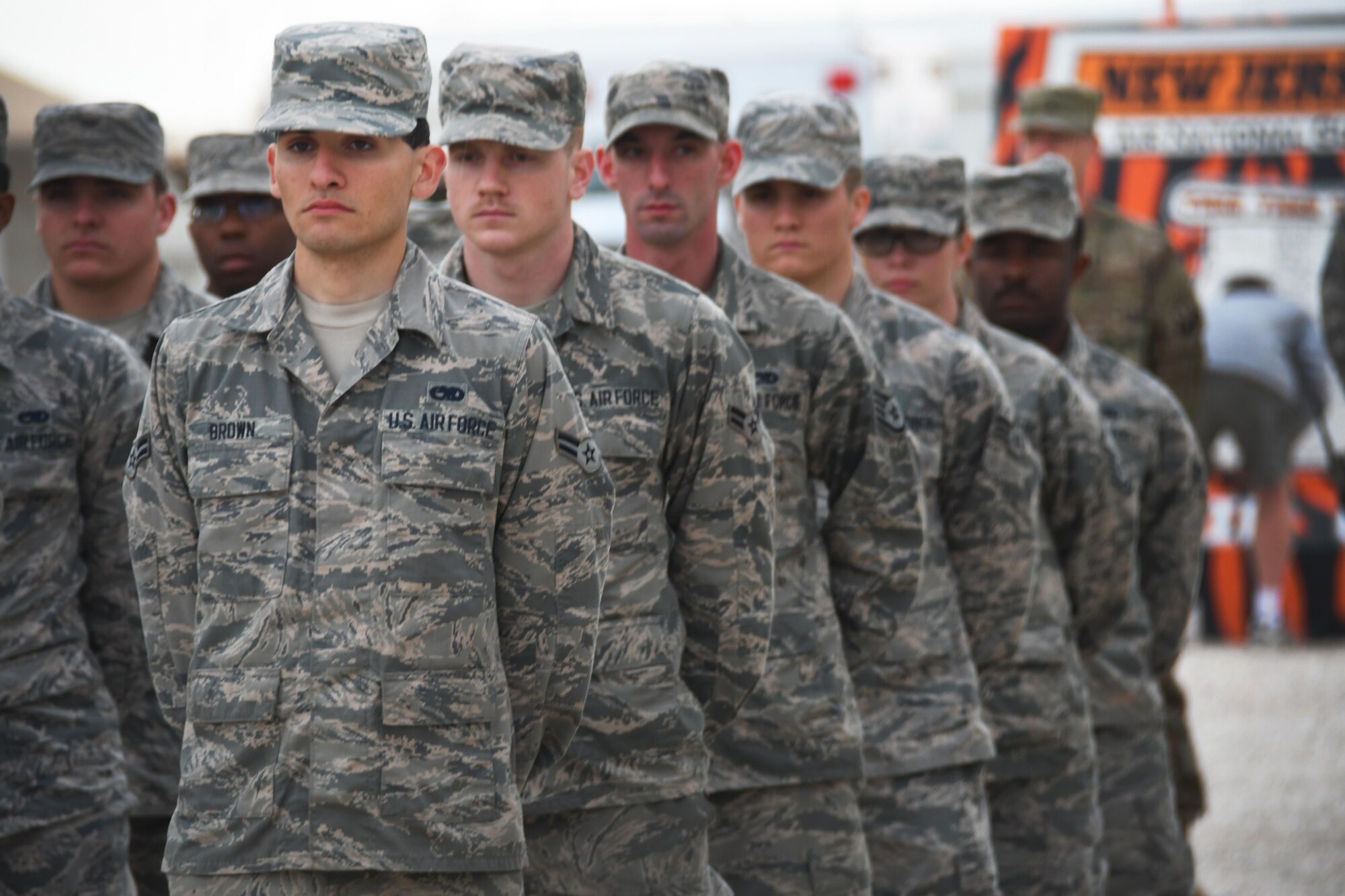 U.S. Airmen stand in formation during a Presidents Day retreat ceremony at Al Udeid Air Base, Qatar, Feb. 20, 2017. Presidents Day, originally a celebration of President George Washington’s birthday, commemorates and honors the presidents of the United States, past and present. (U.S. Air Force photo by Senior Airman Miles Wilson)
