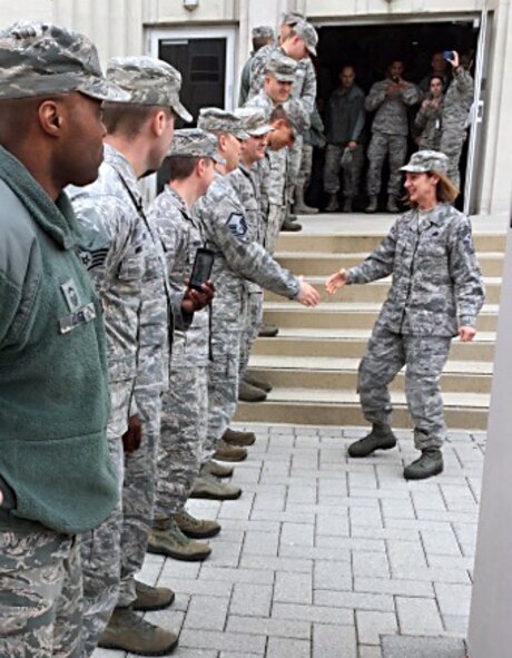 Over 100 Airmen from the Air Force Life Cycle Management Center lined the hallways and exit to the AFLCMC headquarters building to bid farewell to Chief Master Sgt. Doreen Losacco, AFLCMC command chief, on her last duty day before retirement on Feb. 16, 2017.  Chief Master Sgt. Losacco retired on Feb. 17, 2017, after 28 years of service to the United States Air Force.  (Courtesy photo)