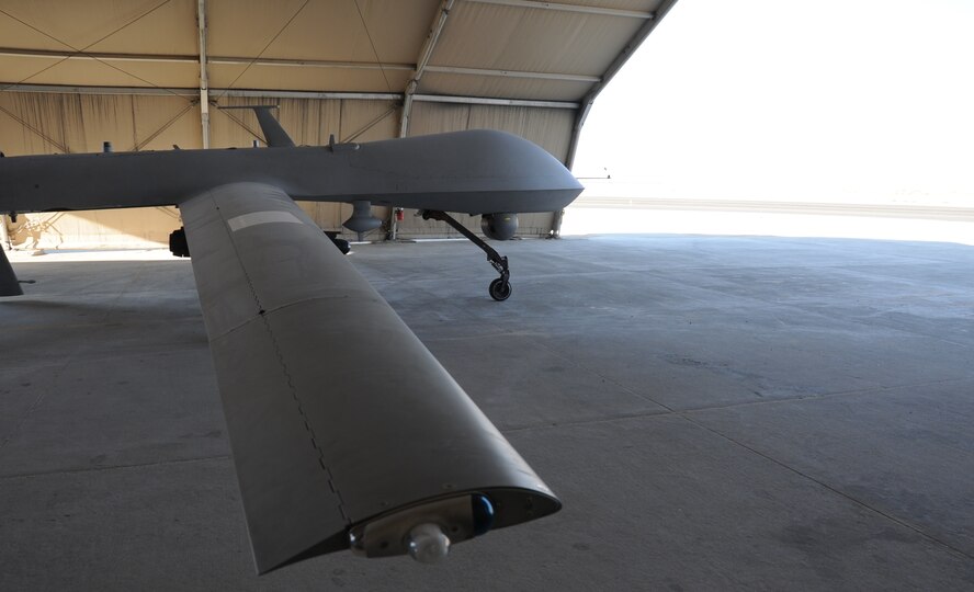 An MQ- 1 predator sits in a hangar Feb. 14, 2017 at an undisclosed location in Southwest Asia.  The 46th Expeditionary Reconnaissance Squadron flies the remotely piloted aircraft to destroy enemy targets and collect intelligence in support of Operation Inherent Resolve.  (U.S. Air Force photo/Tech. Sgt. Kenneth McCann)