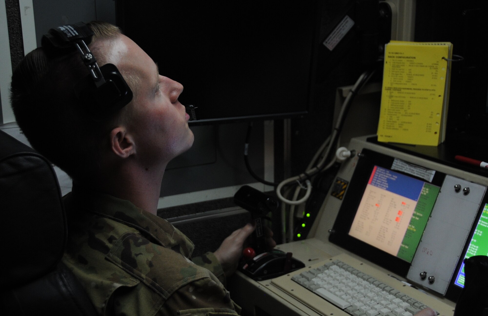 1st Lt. Matthew, 46th Expeditionary Reconnaissance Squadron pilot, looks over the control panels inside a ground control station Feb. 14, 2017 at an undisclosed location in Southwest Asia. Matthew conducts the launch and recovery phase of flight for the MQ-1 Predator mission at the 386th Air Expeditionary Wing.  (U.S. Air Force photo/Tech. Sgt. Kenneth McCann)