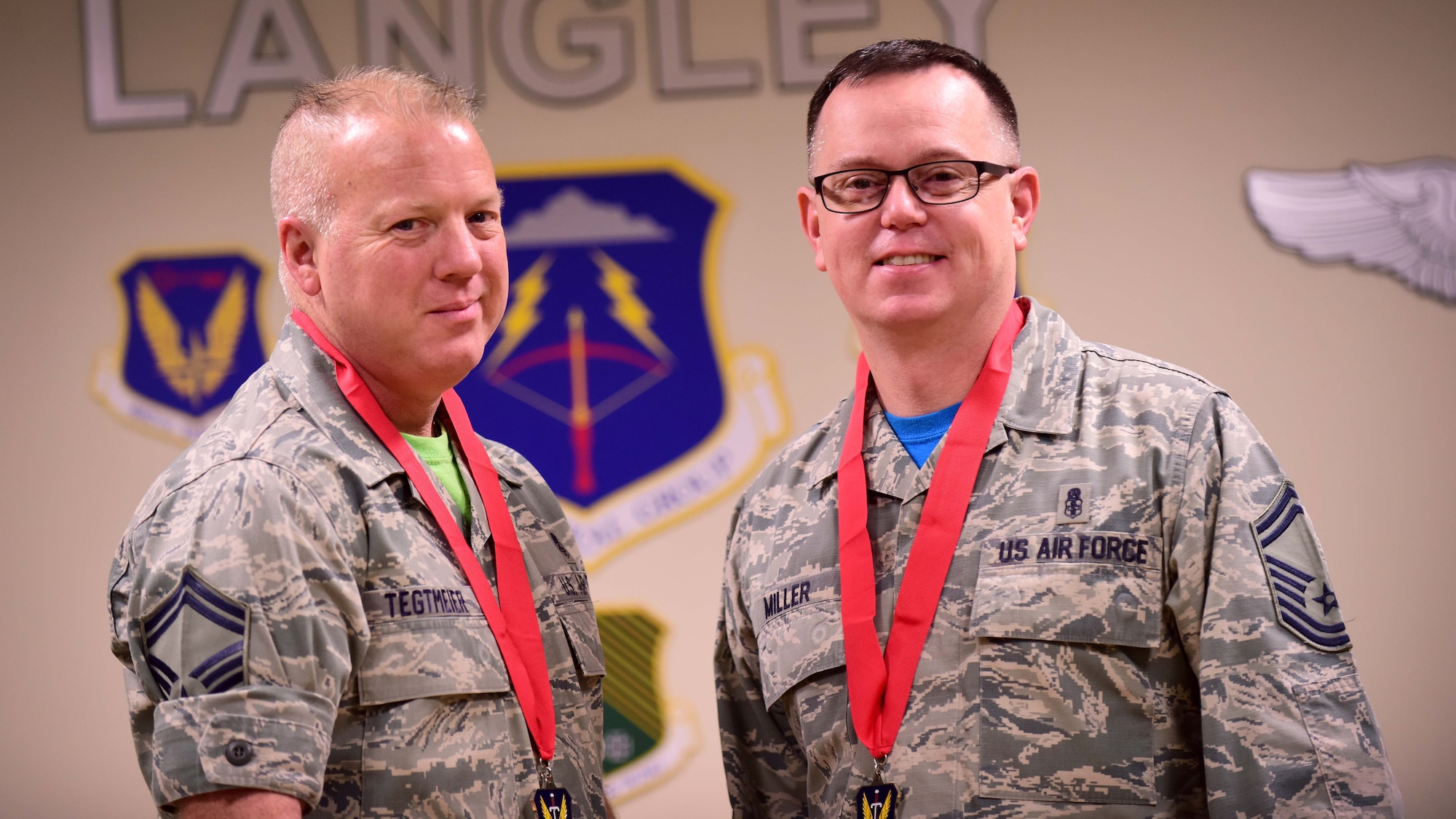 From left, U.S. Air Force Senior Master Sgt. Ellwood Tegtmeier, 633rd Inpatient Operations Squadron superintendent, was awarded the U.S. Air Force Senior NCO Clinical Support Excellence Award, while Senior Master Sgt. Curtis Miller, 633rd Medical Support Squadron superintendent, earned the U.S. Air Force Organizational Management Excellence Award, at Joint Base, Langley-Eustis, Va., Feb. 15, 2017. In addition to their job performance, both Miller and Tegtmeier were judged on their ability to develop their people, self-improvement and their work within the local community and base populace. (U.S. Air Force photo by Senior Airman Areca T. Bell) 