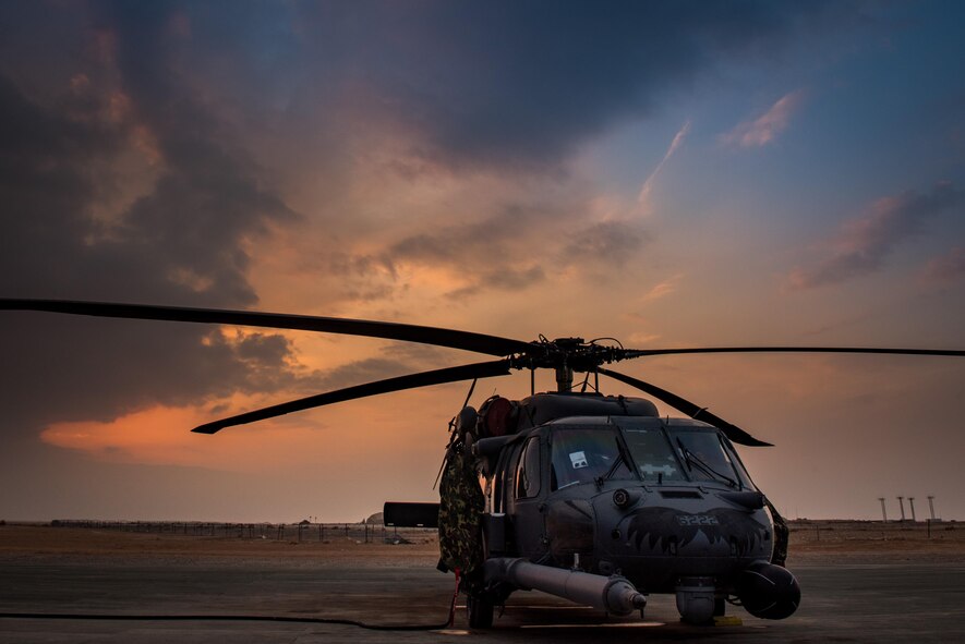 An HH-60 Pave Hawk assigned to the 55th Expeditionary Rescue Squadron – Operating Location Alpha sits on the flightline at Al Asad Air Base, Iraq, Feb. 13, 2017. Airmen assigned to the 55th EQRS-OLA are responsible for providing combat search and rescue support to more than 500,000 square miles of area for the coalition forces of Combined Joint Task Force – Operation Inherent Resolve. A global Coalition of more than 60 regional and international nations have joined together to enable partnered forces to defeat ISIS and restore stability and security. CJTF-OIR is the global Coalition to defeat ISIS in Iraq and Syria. (U.S. Air Force photo/Master Sgt. Benjamin Wilson)(Released)