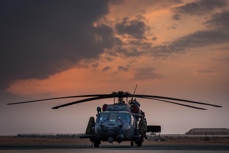 An HH-60 Pave Hawk assigned to the 55th Expeditionary Rescue Squadron – Operating Location Alpha sits on the flightline at Al Asad Air Base, Iraq, Feb. 13, 2017. Airmen assigned to the 55th EQRS-OLA are responsible for providing combat search and rescue support to more than 500,000 square miles of area for the coalition forces of Combined Joint Task Force – Operation Inherent Resolve. A global Coalition of more than 60 regional and international nations have joined together to enable partnered forces to defeat ISIS and restore stability and security. CJTF-OIR is the global Coalition to defeat ISIS in Iraq and Syria. (U.S. Air Force photo/Master Sgt. Benjamin Wilson)(Released)