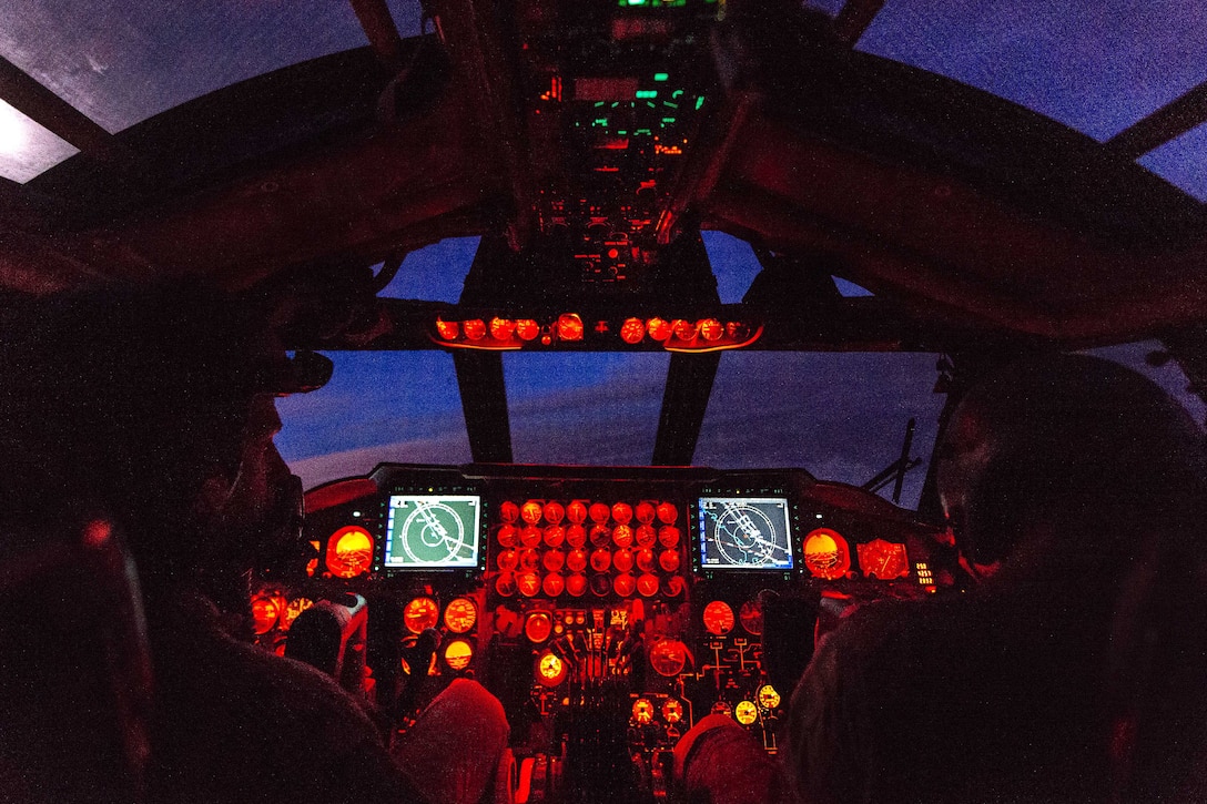 Air Force Maj. Ben, left, and Capt. Justin takeoff in their B-52 Stratofortress aircraft to execute air operations in support of Operation Inherent Resolve, Feb. 13, 2017. Ben and Justin are pilots assigned to the 96th Expeditionary Bomber Squadron. The B-52 Stratofortress enables vital kinetic capability for the U.S. Air Force and is actively engaged in the fight against Islamic State of Iraq and Syria terrorists. Air Force photo by Senior Airman Jordan Castelan 