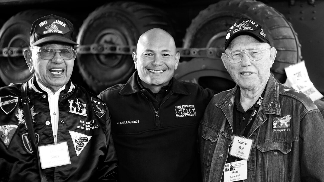Damaso Sutis and Gene E. Bell  reminisce about their experiences during World War II. Camp Pendleton hosted a tour for Iwo Jima veterans, commemorating the 72nd anniversary of the Battle of Iwo Jima.