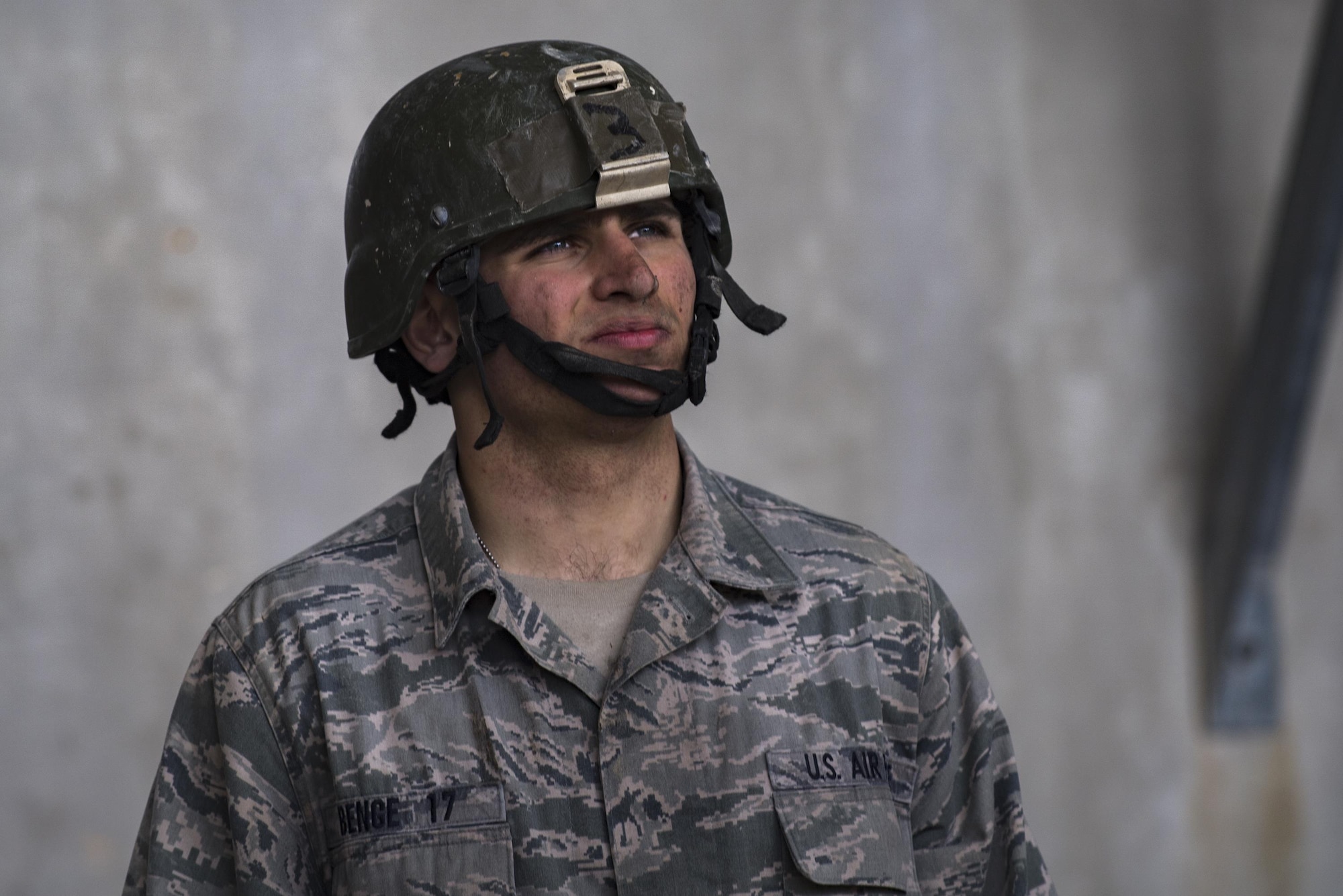 Air Force Academy Cadet Benge waits for his next instruction during an Air Liaison Officer Aptitude Assessment, Feb. 14, 2017, at Camp Bullis, Texas. The week-long assessment allows current ALOs and enlisted cadre to decide if the cadets are worthy of progressing to the Tactical Air Control Party school house. (U.S. Air Force photo by Airman 1st Class Daniel Snider)