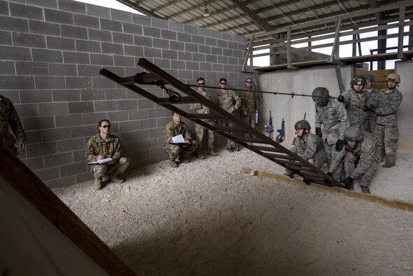 Air Force Academy Cadets work to complete a tasked obstacle during an Air Liaison Officer Aptitude Assessment, Feb. 14, 2017, at Camp Bullis, Texas. The cadets were forced to use critical thinking skills to complete tasked obstacles as a team. (U.S. Air Force photo/Airman 1st Class Daniel Snider)