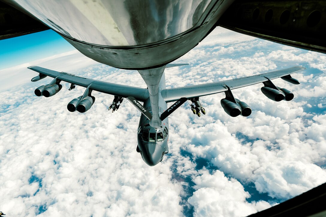 An Air Force B-52 Stratofortress refuels from a KC-135 Stratotanker supporting Operation Inherent Resolve, Feb. 15, 2017. Air Force photo by Senior Airman Jordan Castelan  