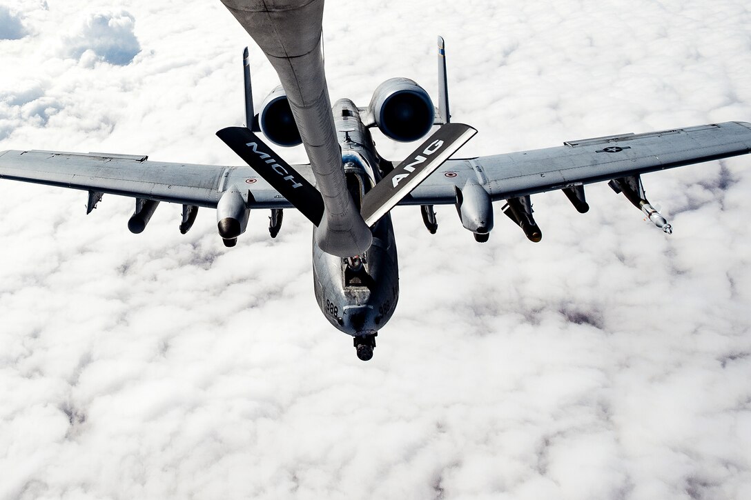 An Air Force A-10 Thunderbolt II refuels from a KC-135 Stratotanker supporting Operation Inherent Resolve, Feb. 15, 2017. Air Force photo by Senior Airman Jordan Castelan