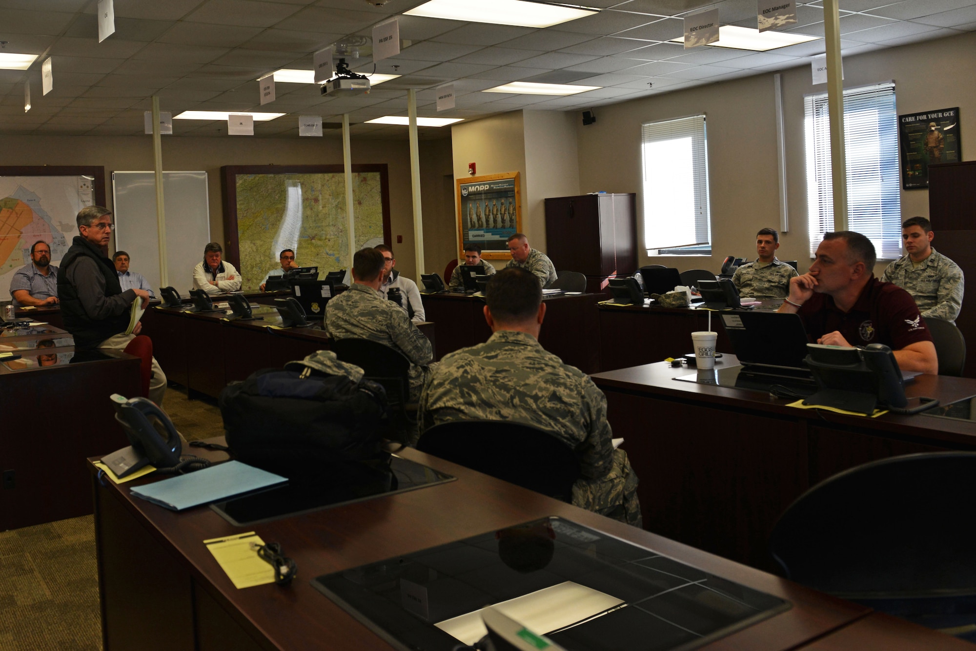 Teams from across the Air Force discuss logistics during an integration meeting at Shaw Air Force Base, S.C., Feb. 15, 2017. The surveyors visited Shaw after it was chosen as one of eight potential candidates for a Battlefield Airman schoolhouse. (U.S. Air Force photo by Airman 1st Class Destinee Sweeney)