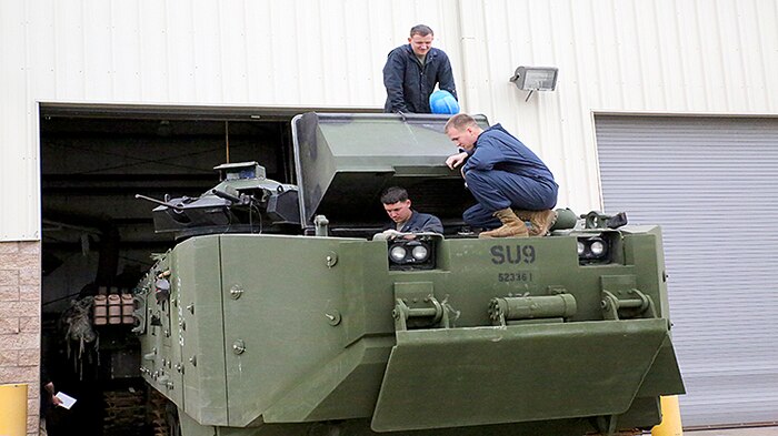 Marines from Marine Corps Systems Command’s Amphibious Vehicle Test Branch aboard Marine Corps Base Camp Pendleton, California, run operational checks on an Amphibious Assault Vehicle Survivability Upgrade Feb. 3. Marine amtrackers—a nickname for amphibious vehicle operators and maintainers—assigned to AVTB serve as test directors and executors for future amphibious vehicle platforms being developed for the Corps. (U.S. Marine Corps photo by Monique Randolph)