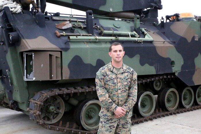 Staff Sgt. Travis Thomas is an Amphibious Assault Vehicle mechanic at Marine Corps Systems Command’s Amphibious Vehicle Test Branch, located aboard Marine Corps Base Camp Pendleton, California. Marine amtrackers—a nickname for amphibious vehicle operators and maintainers—assigned to AVTB serve as test directors and executors for future amphibious vehicle platforms being developed for the Corps. (U.S. Marine Corps photo by Monique Randolph)