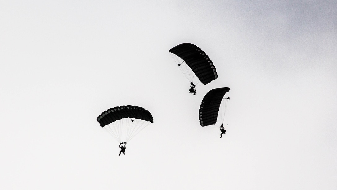 Marines with the Maritime Raid Force, 11th Marine Expeditionary Unit, descend toward a drop zone while conducting high-altitude, high-opening parachute operations nearby Camp Lemonnier, Djibouti, Feb. 7. While in the air, the Marines travel in a line, or a “stack”, to keep descending teams organized and mitigate any potential in-air collisions. 