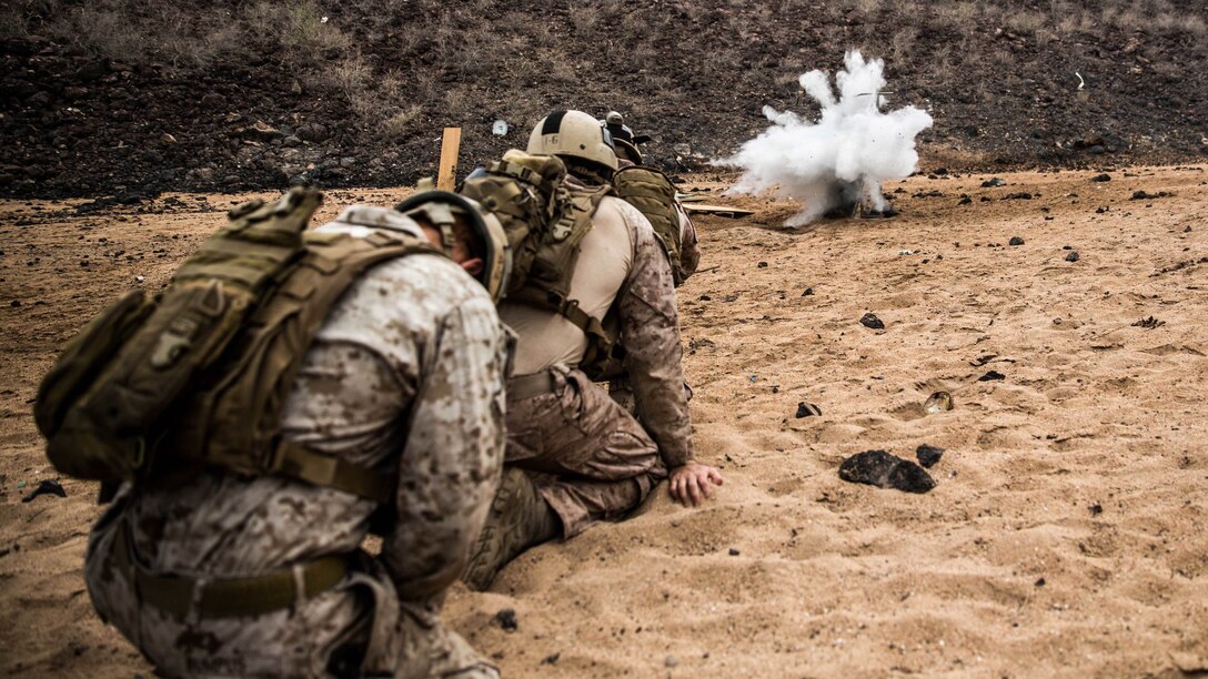 Marines with the Maritime Raid Force (MRF), 11th Marine Expeditionary Unit, detonate a water charge on a mock-up of a steel door during a demolition range conducted at Arta Beach, Djibouti, Feb. 6. MRF Marines conducted parachute operations and weapons and demolitions training to sustain their operational skills while deployed.