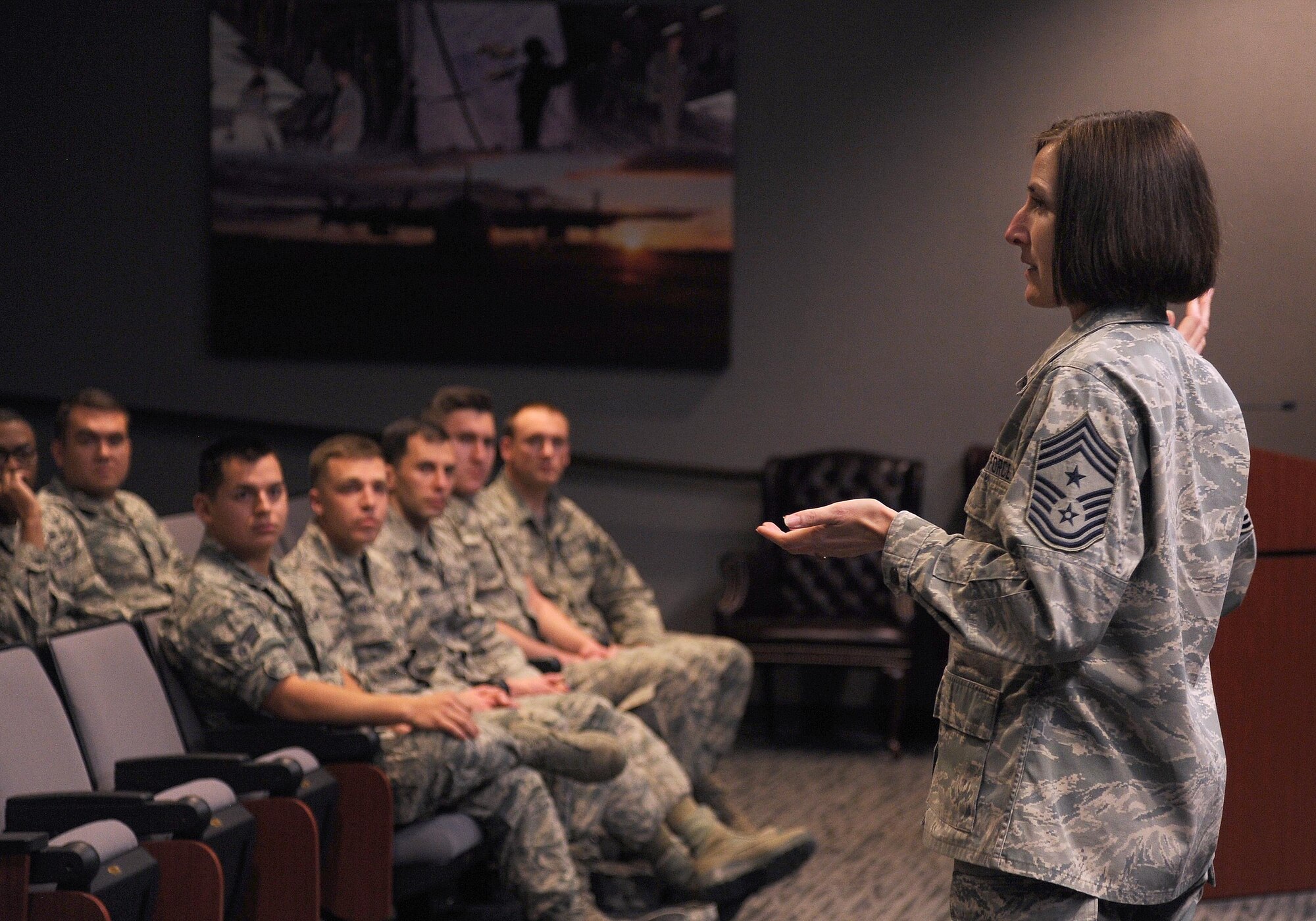 302nd Airlift Wing Command Chief Master Sgt. Vicki Robertson provides mentorship during an Airman’s call, Feb. 11, 2017 here. Junior enlisted members of the Reserve wing had the opportunity to ask questions and voice concerns directly to the senior enlisted leader in an informal setting. Chief Robertson opened the communication door by asking the Citizen Airmen, “What motivates you? What is your passion?” She said, “I realize the future of the Air Force Reserve is right here—you, our junior enlisted.” (U.S. Air Force photo/Staff Sgt. Amber Sorsek)