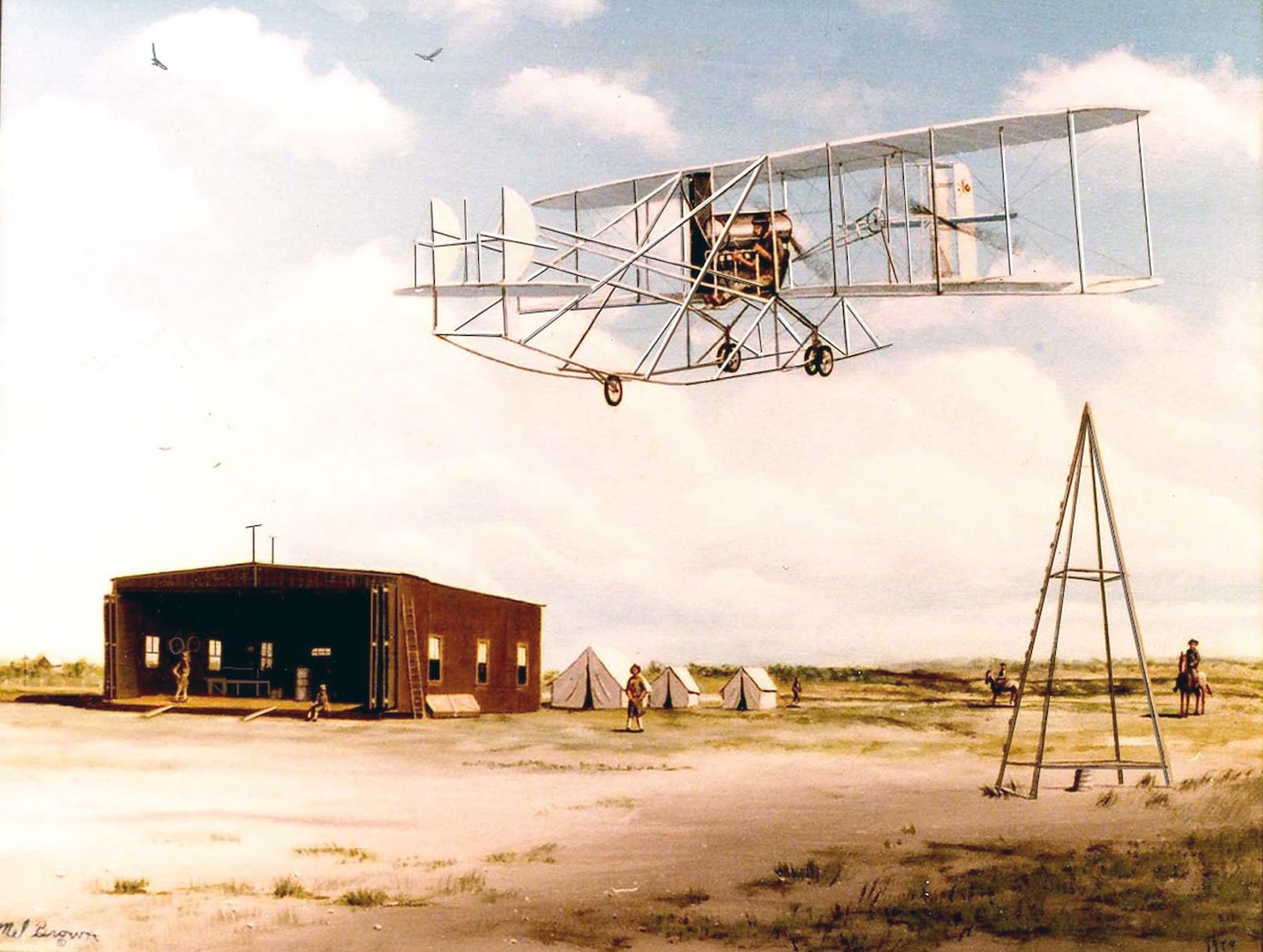 The first Army aircraft made its first flight March 2, 1910, at Fort Sam Houston with Lt. Benjamin Foulois at the controls. Foulois piloted the Army's first aircraft, Signal Corps Aircraft No. 1, with his first flight lasting only 7 1/2 minutes. He made three more flights that day and on his fourth attempt, the young pilot ended up crashing the airplane. 