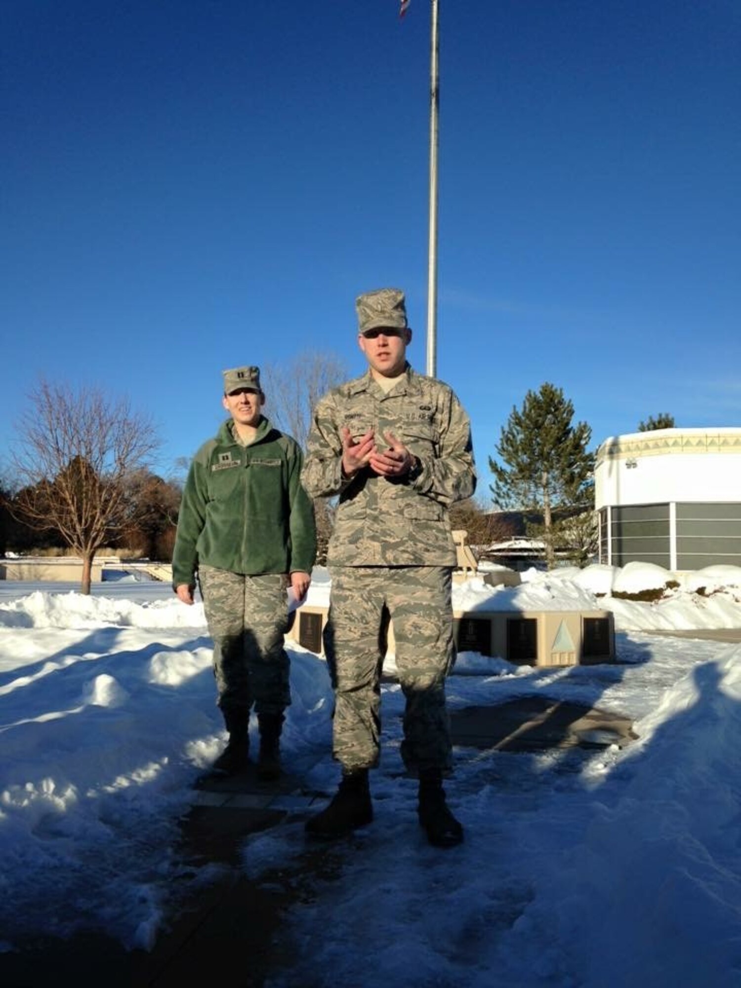 PETERSON AIR FORCE BASE, Colo. – After being promoted, 1st Lt. Drew Rontti, 21st Space Wing executive officer, speaks to a gathering of Airmen at Peterson Air Force Base Feb. 1st, 2016. Rontti joined the Air Force after serving six years as an enlisted Marine. (Courtesy Photo.)