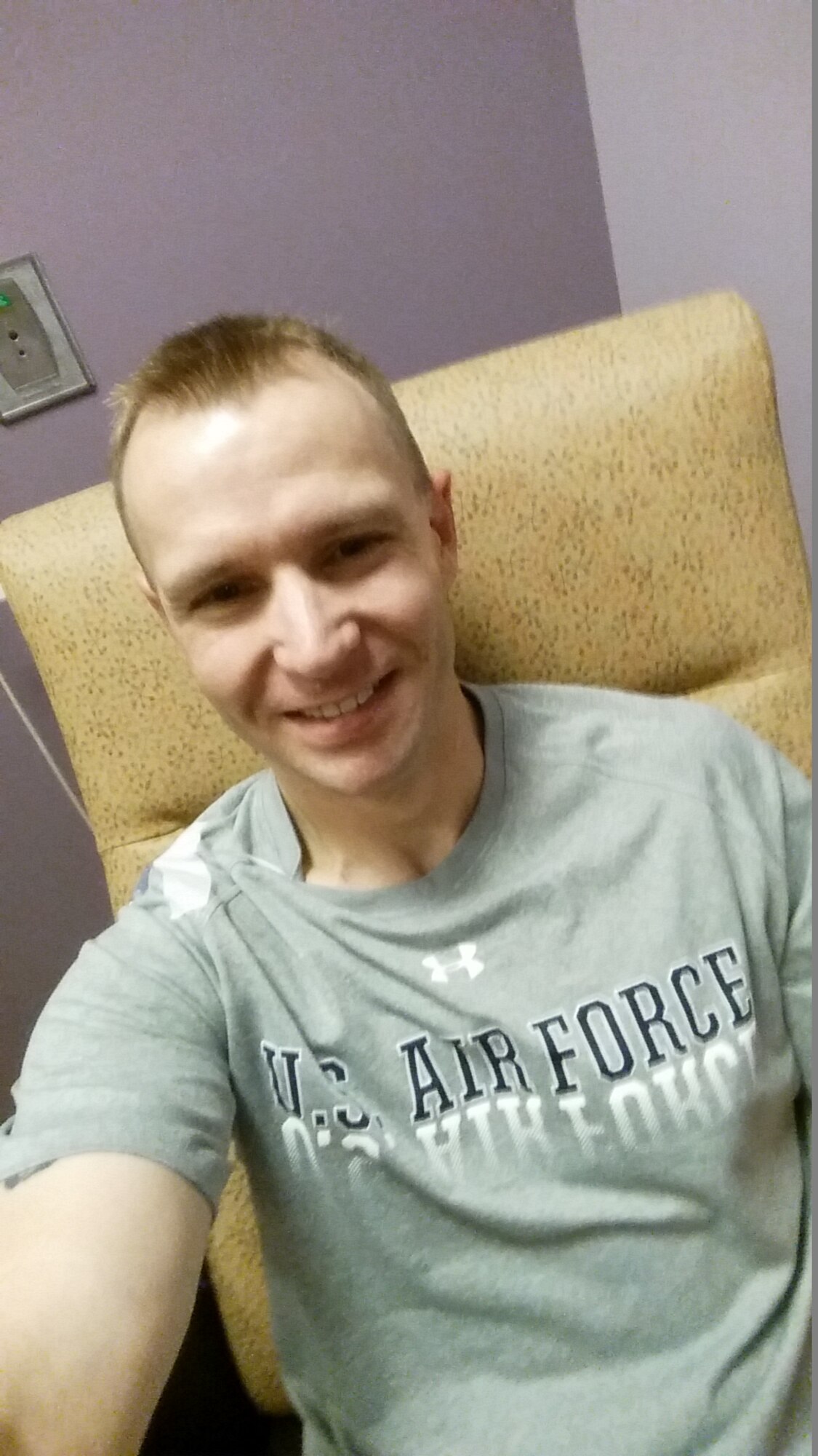 Senior Airman Cameron Sowle began Chemotherapy treatment 12 Nov 2015 and ended 2 March 2016. In April 2016 he was pronounced cured and in full remission (Courtesy Photo). 