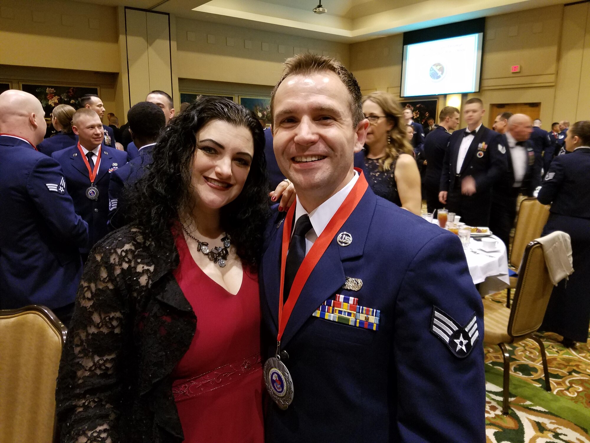 Senior Airman Cameron Sowle and his wife Jennifer attend Airmen Leadership School Graduation dinner 15 Feb 2017, a day after he was notified the medical board cleared him to return to duty. SrA Sowle is scheduled to pin on Staff Sergeant this summer (Courtesy Photo). 