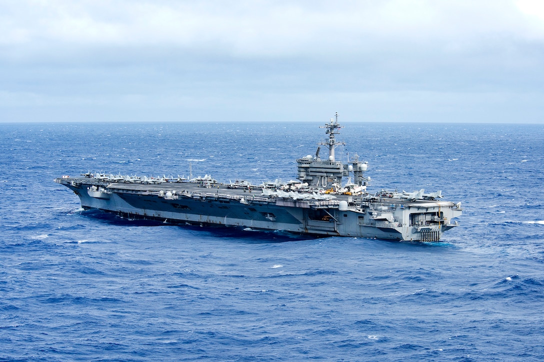 The aircraft carrier USS Carl Vinson transits the Philippine Sea, Feb. 14, 2017. The Carl Vinson Strike Group is deployed to the Western Pacific as part of the U.S. Pacific Fleet-led initiative to extend the command-and-control functions of U.S. 3rd Fleet. Navy photo by Petty Officer 3rd Class Kurtis A. Hatcher