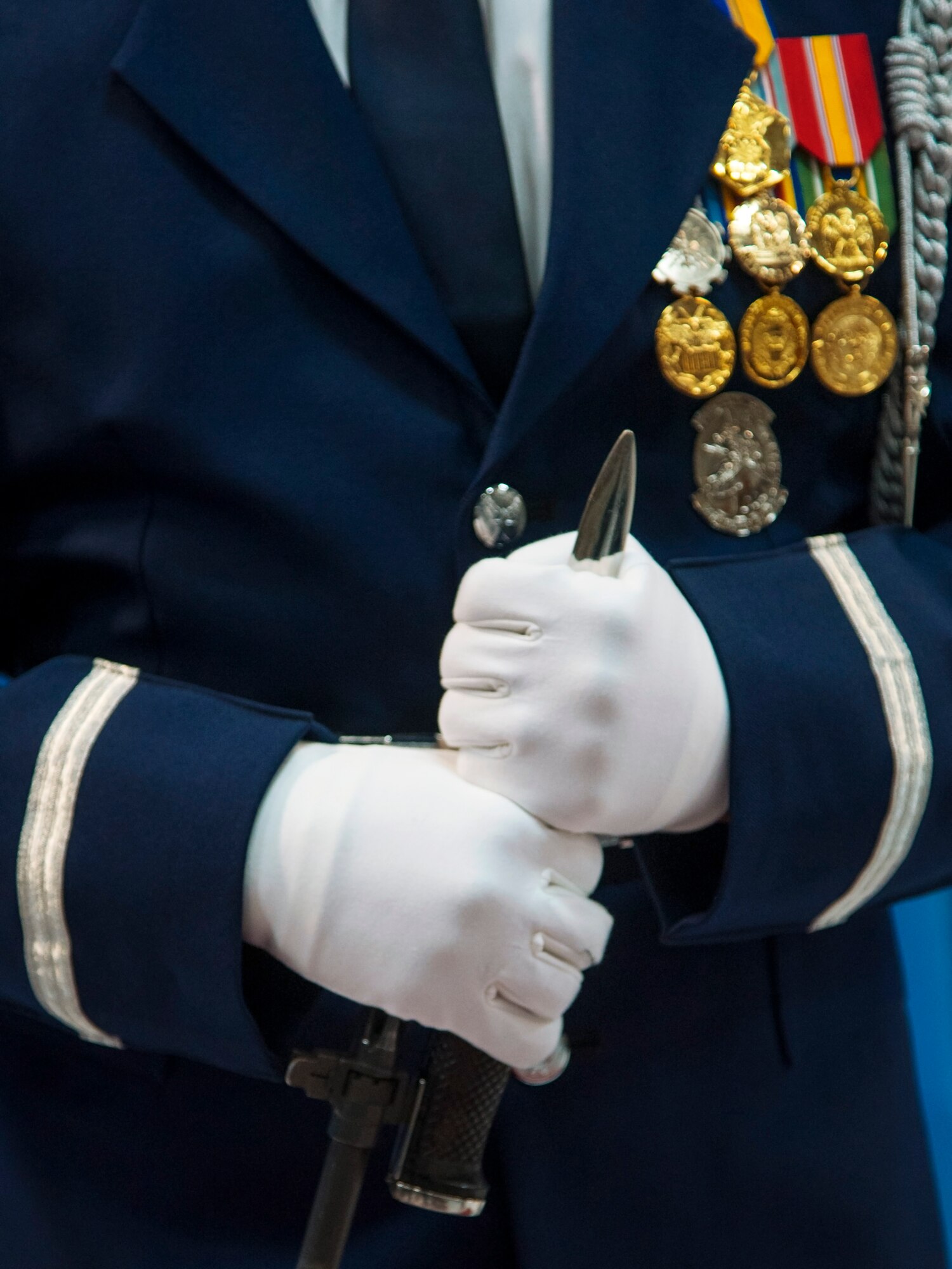 A U.S. Air Force Honor Guardsman stands ready to start the Chief Master Sergeant of the Air Force Retirement and Appointment Ceremony at Joint Base Andrews, Md., Feb. 16, 2017. During the event, Chief Master Sgt. of the Air Force James A. Cody was retired and Chief Master Sgt. Kaleth O. Wright was appointed the 18th Chief Master Sgt. of the Air Force. (U.S. Air Force photo by Airman 1st Class Valentina Lopez)