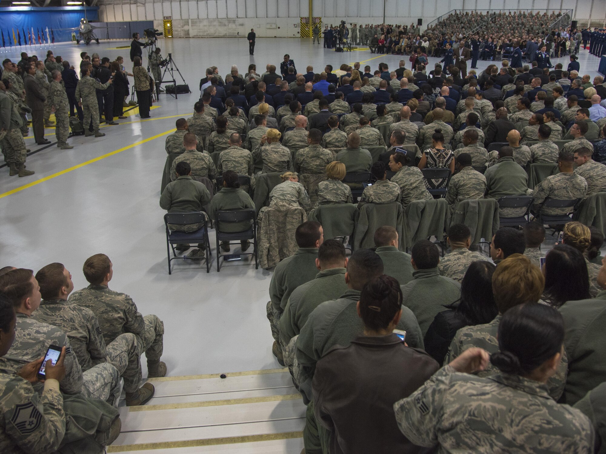 Airman attend the Chief Master Sergeant of the Air Force Retirement and Appointment Ceremony at Joint Base Andrews, Md., Feb. 16, 2017. During the event, Chief Master Sgt. of the Air Force James A. Cody was retired and Chief Master Sgt. Kaleth O. Wright was appointed the 18th Chief Master Sgt. of the Air Force. (U.S. Air Force photo by Airman 1st Class Valentina Lopez)