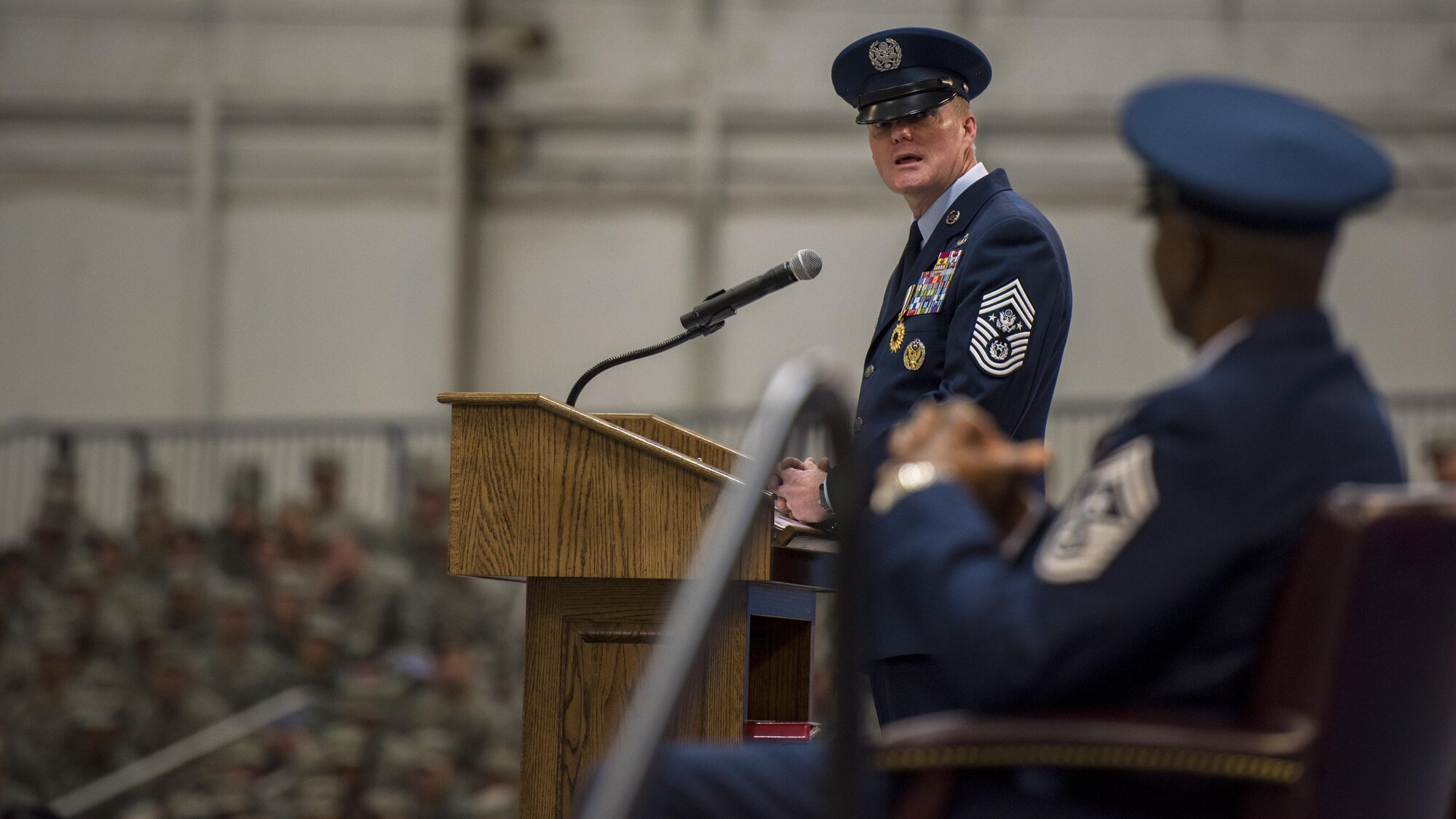 Chief Master Sgt. of the Air Force James A. Cody passes on words of wisdom during the Chief Master Sergeant of the Air Force Retirement and Appointment Ceremony at Joint Base Andrews, Md., Feb. 16, 2017. During the event, Chief Master Sgt. of the Air Force James A. Cody was retired and Chief Master Sgt. Kaleth O. Wright was appointed the 18th Chief Master Sgt. of the Air Force.  (U.S. Air Force photo by Airman 1st Class Valentina Lopez)