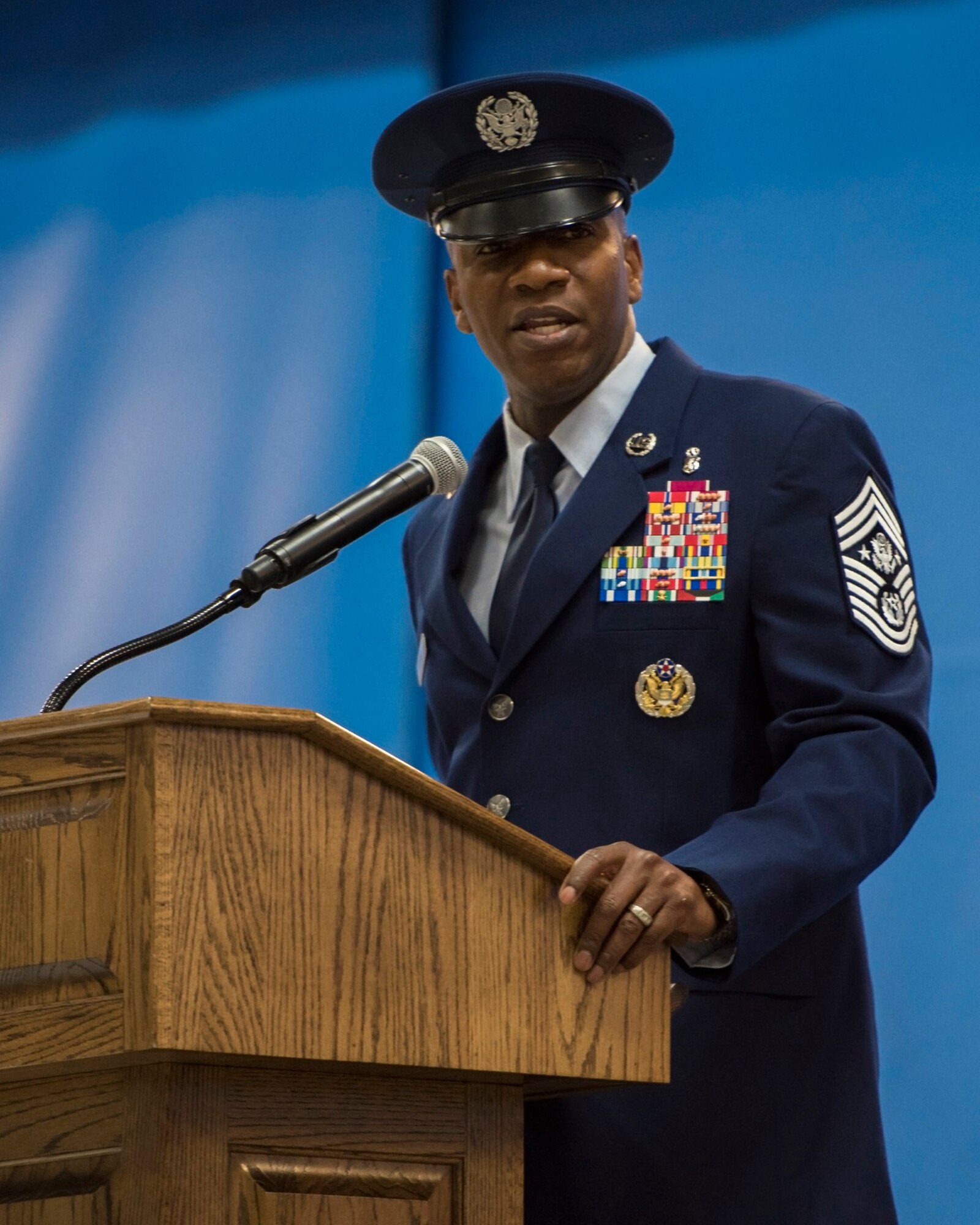 Chief Master Sgt. of the Air Force Kaleth O. Wright gives speech during the Chief Master Sergeant of the Air Force Retirement and Appointment Ceremony at Joint Base Andrews, Md., Feb. 16, 2017. During the event, Chief Master Sgt. of the Air Force James A. Cody was retired and Chief Master Sgt. Kaleth O. Wright was appointed the 18th Chief Master Sgt. of the Air Force. (U.S. Air Force photo by Airman 1st Class Valentina Lopez)