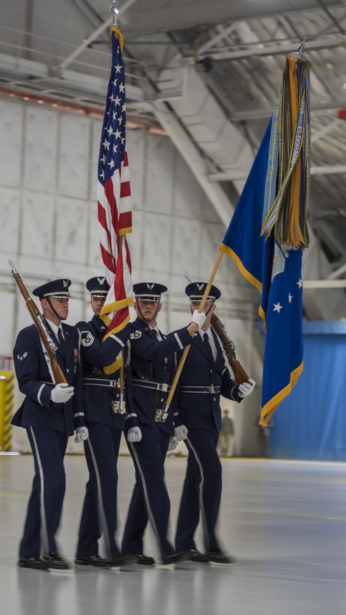 U.S. Honor Guardsmen pass and review during the Chief Master Sergeant of the Air Force Retirement and Appointment Ceremony at Joint Base Andrews, Md., Feb. 16, 2017. During the event, Chief Master Sgt. of the Air Force James A. Cody was retired and Chief Master Sgt. Kaleth O. Wright was appointed the 18th Chief Master Sgt. of the Air Force. (U.S. Air Force photo by Airman 1st Class Valentina Lopez)