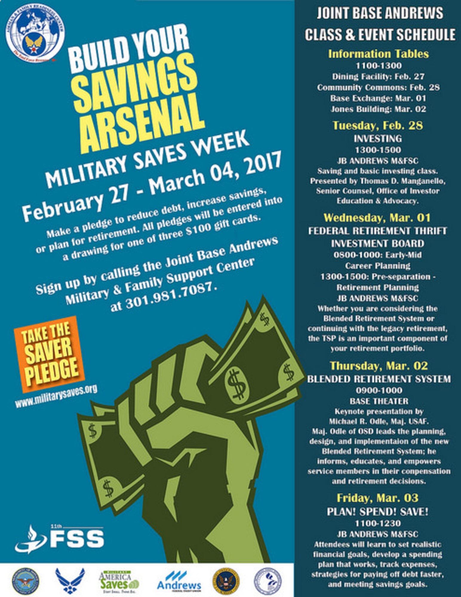 In conjunction with the nationwide America Saves Campaign, Joint Base Andrews will observe Military Saves Week and host educational events from Feb. 27 to March 3. This week is dedicated to educating Air Force, Army, Marine Corps, Navy and National Guard Bureau personnel about personal financial matters ranging from debt reduction to retirement planning. (Courtesy photo)