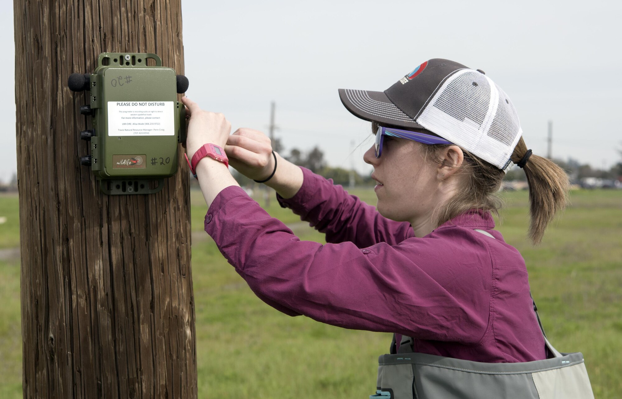 Brett Addis, a Ph.D candidate at the University of Montana, visits one of three song meters installed at Travis Air Force Base, Calif., Feb 13, 2017. Addis, part of a two-person team, is the field coordinator for a “habitat quality assessment” project to determine if Travis has a viable environment for the western spadefoot toad. The song meters are audio recorders designed to capture night vocalizations of the western spadefoot toad. During these maintenance checks, Addis will remove and replace the memory cards vital to data collection and change out batteries. (U.S. Air Force photo/ Heide Couch)