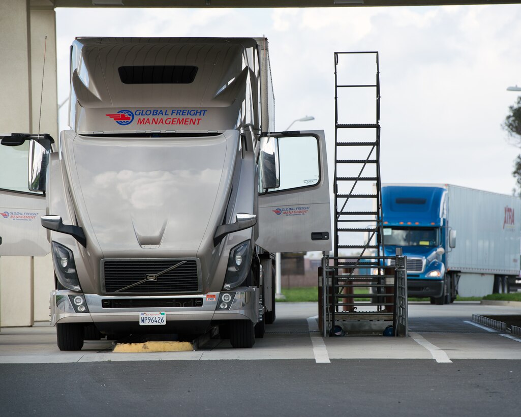 Trucks and personnel from the Federal Emergency Management Agency arrive at Travis Air Force Base, Calif., Feb. 16, 2017. Travis AFB is acting as a staging area for FEMA personnel, providing space for necessary equipment and supplies in case of the Oroville auxiliary spillway failure. (U.S. Air Force photo/Louis Briscese)