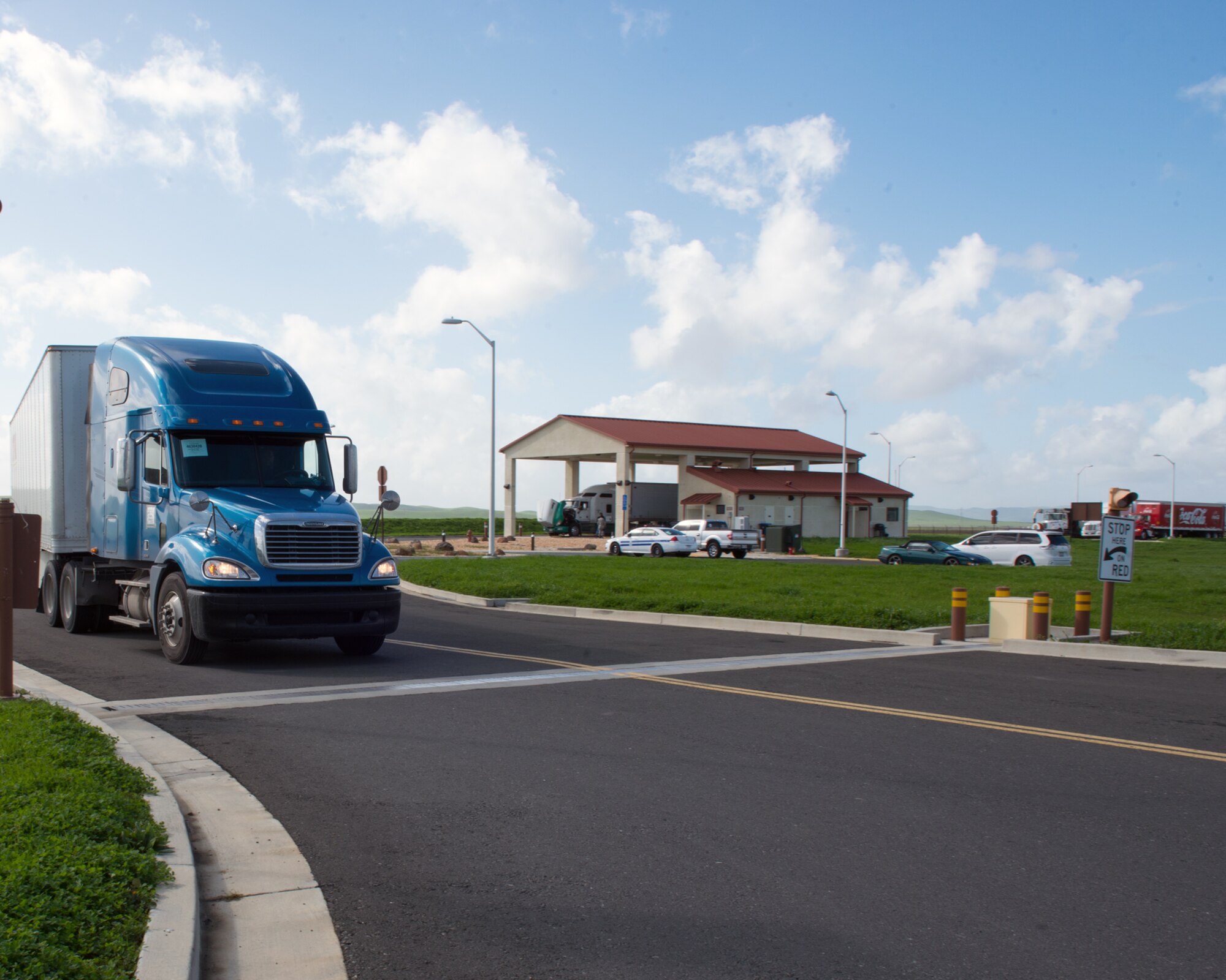 Trucks and personnel from the Federal Emergency Management Agency arrive at Travis Air Force Base, Calif., Feb. 16, 2017. Travis AFB is acting as a staging area for FEMA personnel, providing space for necessary equipment and supplies in case of the Oroville auxiliary spillway failure. (U.S. Air Force photo/Louis Briscese)